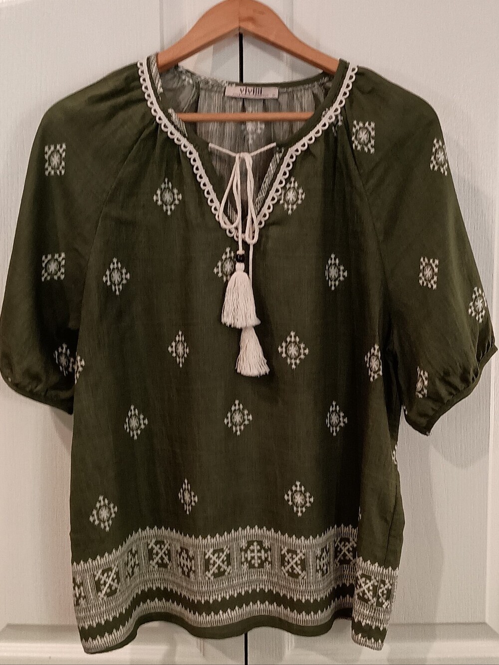 Boho Olive Tassel Peasant Top